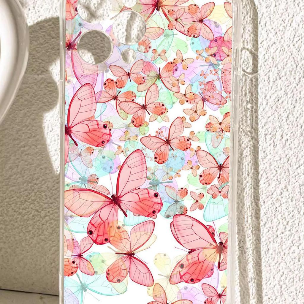 Pink Butterfly Shockproof Clear Case for iPhone 15/16/17 Pro Max/14
