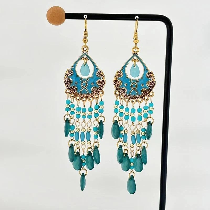 Bohemian Ethnisch Lang Blau Acryl Kristall Wassertropfen Ohrringe für Damen Retro Temperament Geometrisch Hängende Ohrringe Schmuck
