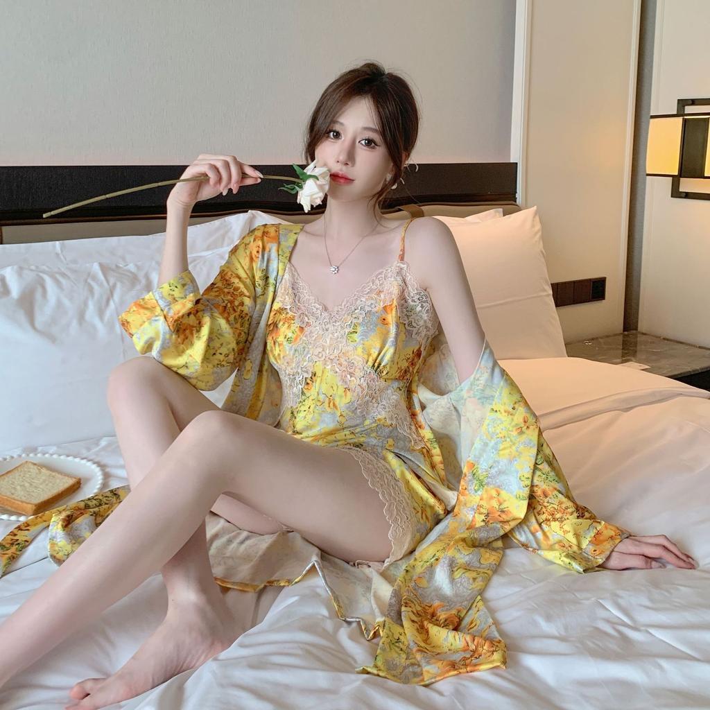 Sexy pajamas women's ice silk suspender shorts three-piece set pure desire with chest pad yellow robe popular loungewear