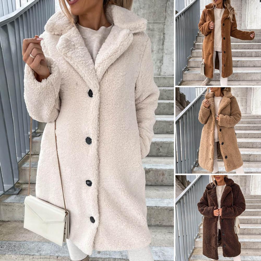 Women Overcoat Autumn Winter Women Trench Coat Long Style Pure Color Single-breasted Teddy Jacket Windproof