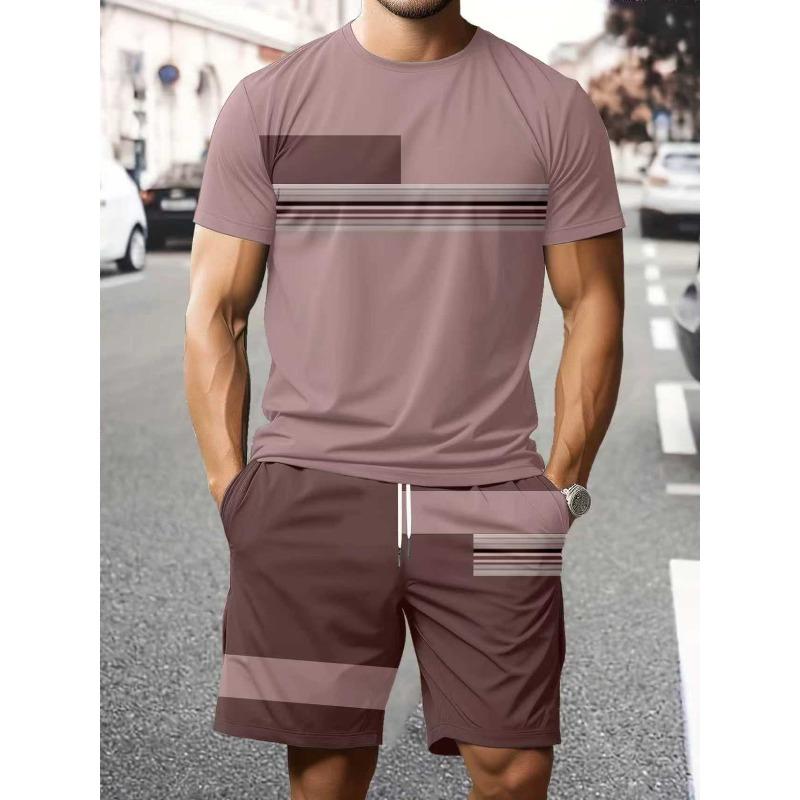 Summer  Arrival Men's Casual Two-Piece Set Striped Print Short-Sleeve Shirt and Athletic Shorts Set