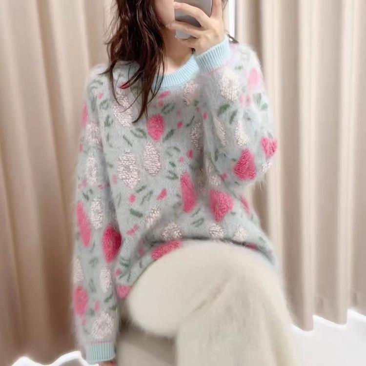 Peach Branch Tender Wool Sweater: Royal Plush Jacquard Embroidered Loose Pullover Base Layer, Heavy-Duty and Thick