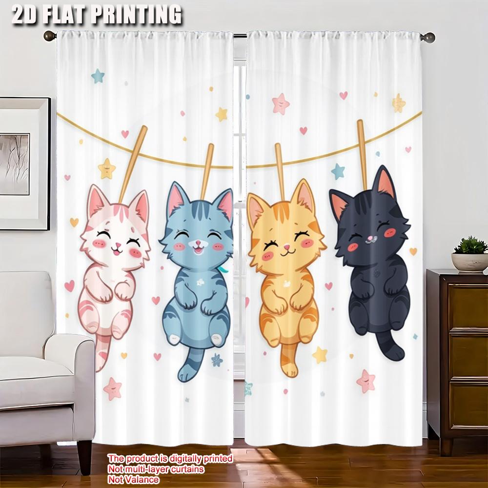Flat Printing Curtain Cute Hanging Cats Versatile Fabric Without Electricity Family Party Decoration Perfect Bedroom Set Of 2 Made Polyester Washable
