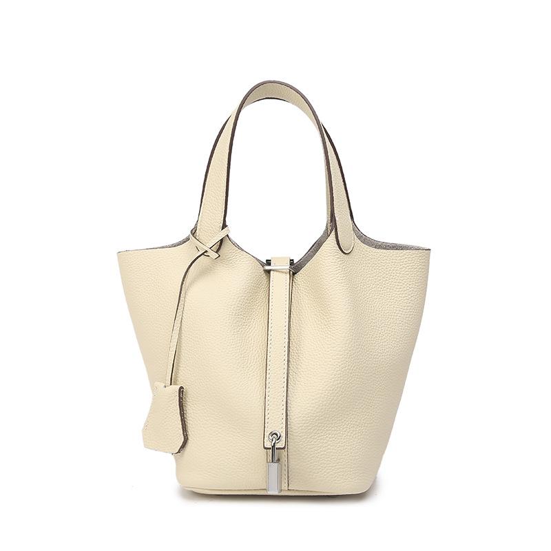 Genuine Leather Large-capacity Vegetable Basket Women's Bag High-quality and Exquisite Lychee Pattern Hand-held Bucket Bag
