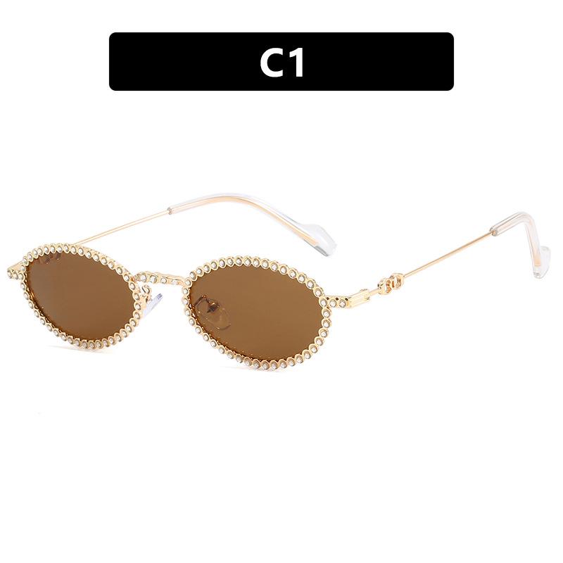 Full diamond oval frame Spice girl feeling ins sunshade sunglasses women's photo concave shape diamond-set retro sunglasses