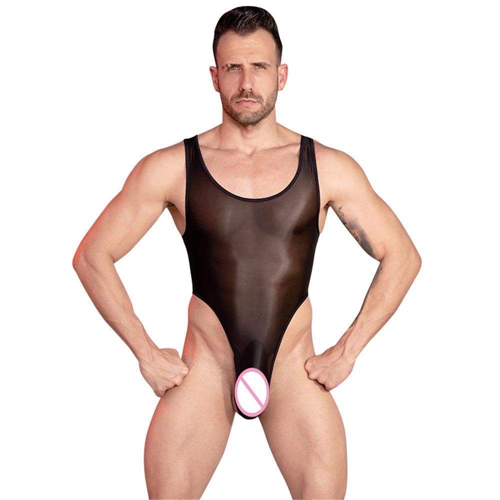 Seksowny Męski Unisex Bodystocking z Wysokim Wycięciem Błyszczący Olejowy Przezroczysty Gorset Bielizna Stringi Pończochy Służki Elastyczny Leotard Kształtujący