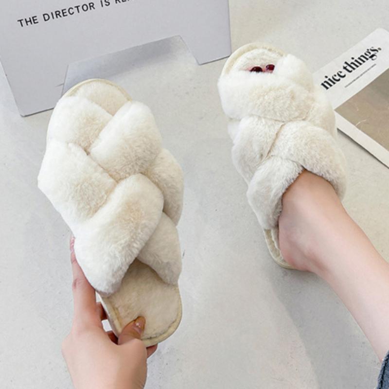 Mesh cross plush slippers, winter plush flat floor mop, exposed toe warm cotton mop
