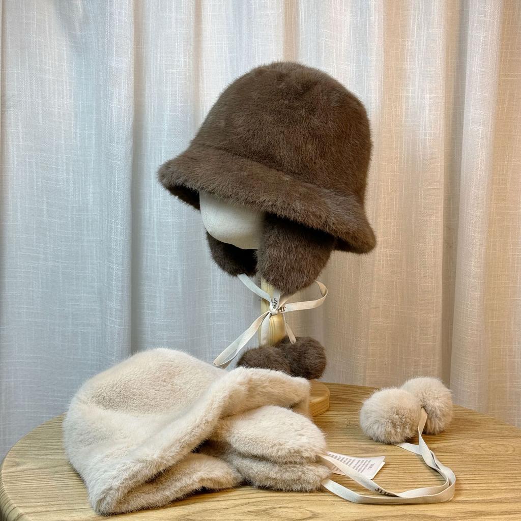 Women's Winter Plush Fisherman Hat with Ball Strap New Face Showing Small Ear Protection Hat Thickened Cold Proof and Warm Hat
