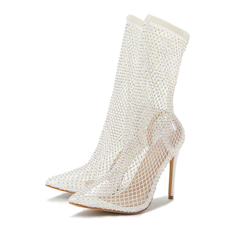Sexy Yellow Green Mesh Ankle Boots Women Fashion Crystal Stretch Fabric Socks Shoes Party Nightclub Stripper Heels Pumps