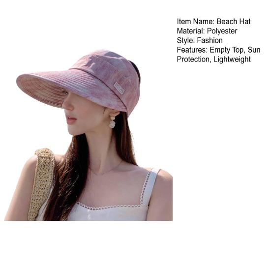 Beach Hat Large Brim Full Face Sun Protection Breathable Semi-Hollow Design Ties Foldable Hat Summer UV Blocking Ponytail