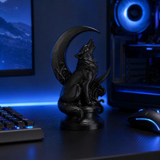 3D Printed Howling Wolf Sculpture with Crescent Moon Base, Matte Black Finish Collector Art, Gothic Black Statue for Bookshelf Desk