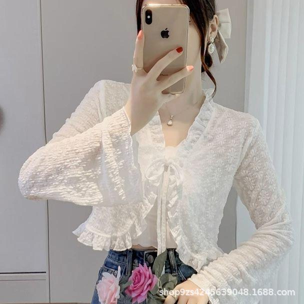 Women's Summer Chiffon Cardigan with Ruffle Lace-up and Bell Sleeves