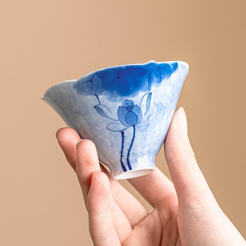White Porcelain Teacup Hand-painted Blue LotusTea Bowl Ceramic Chinese Kung Fu Gongfu Tea Cup Teaware Drinkware Tea Ceremony