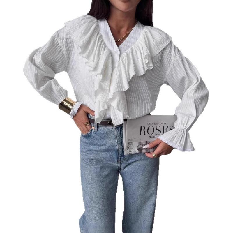 V Neck Ruffled Loose Women Shirt Fashion Long Sleeve Casual Blouse Sweet Office Tops Simple Spring Autumn Elegant Clothing