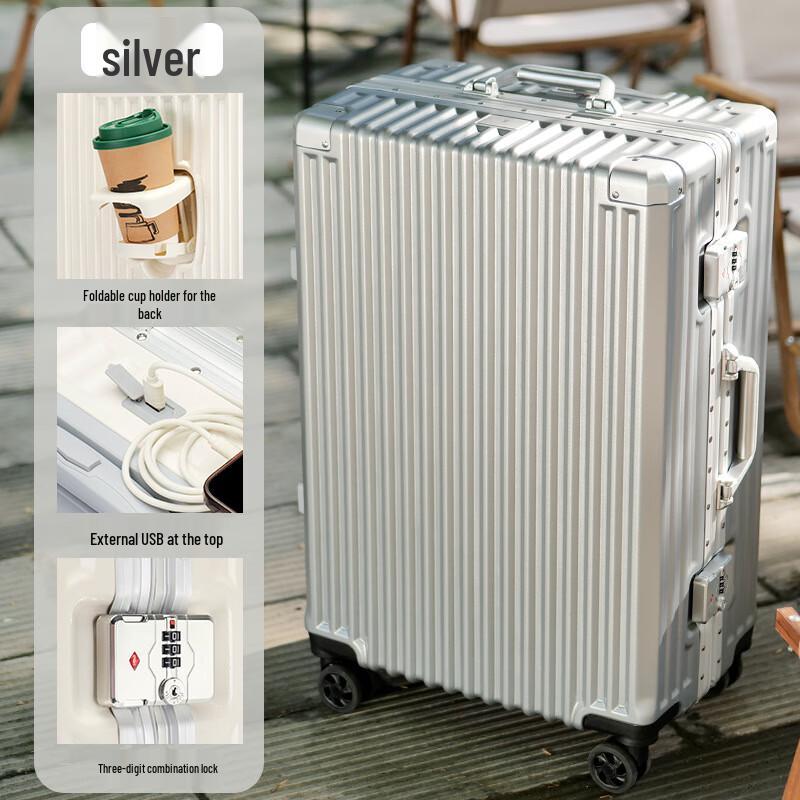 OEING Aluminum Frame Trolley Suitcase with USB & Cup Holder 20-inch