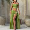 Women Sexy One Shoulder Crop Top Slit Pleated Midi Skirt Two Piece Set