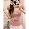 Pink Low U-neck Summer Right-shoulder Short-sleeved Knitted T-shirt for Women Slim-fitting Low-purity Sweet Hottie Short Small Flying Sleeve Top