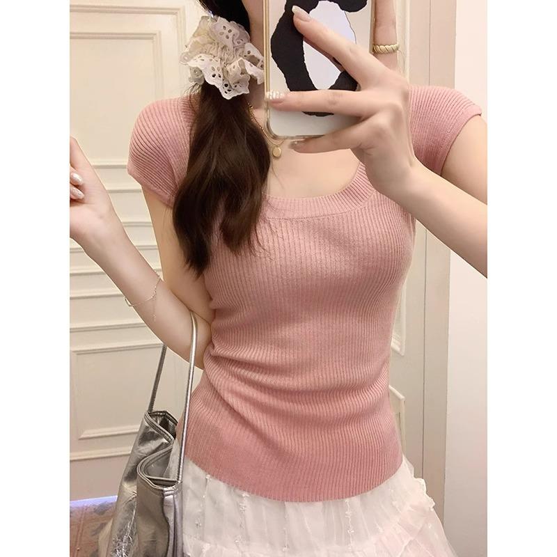Pink Low U-neck Summer Right-shoulder Short-sleeved Knitted T-shirt for Women Slim-fitting Low-purity Sweet Hottie Short Small Flying Sleeve Top