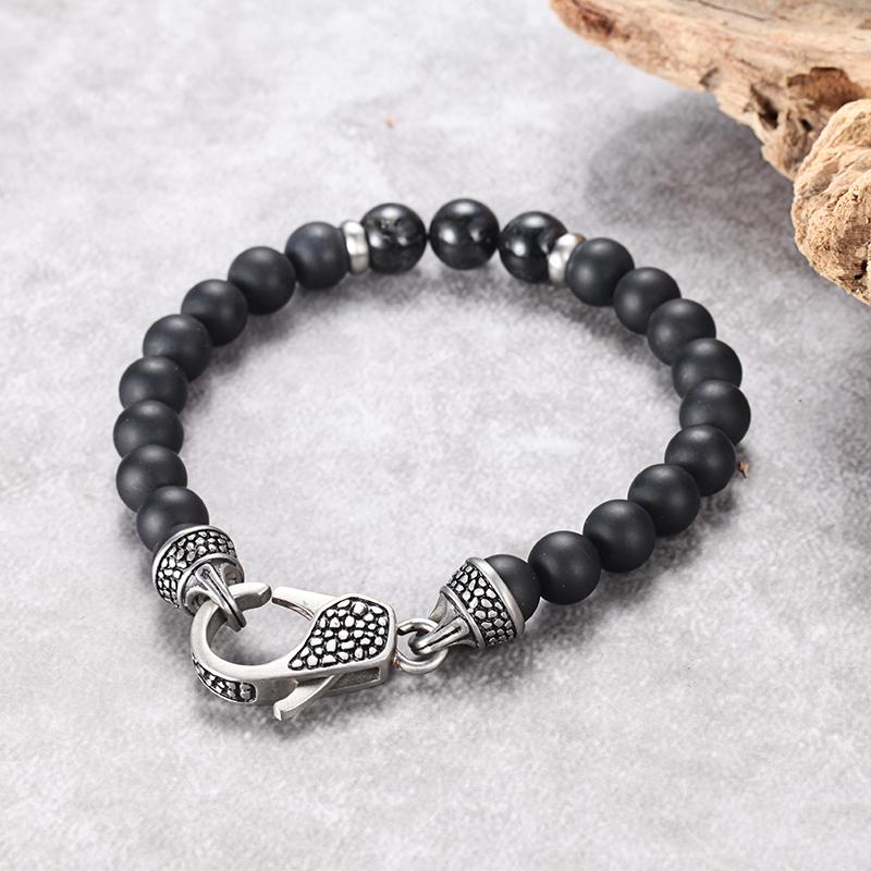 ONYX QUARTZ STONE BRACELET  8mm Matt Onyx Stone Beads Bracelet, with Tourmalated Quartz Stones and Stainless Steel Elements In Matt Finished