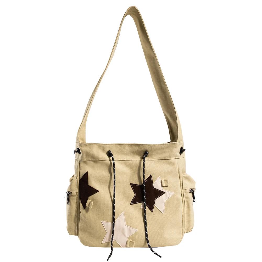 Damen Süße Umhängetasche Große Kapazität Canvas Schöne Umhängetasche Stern Applikation Y2K Street Style Schultasche für Teenager Schüler