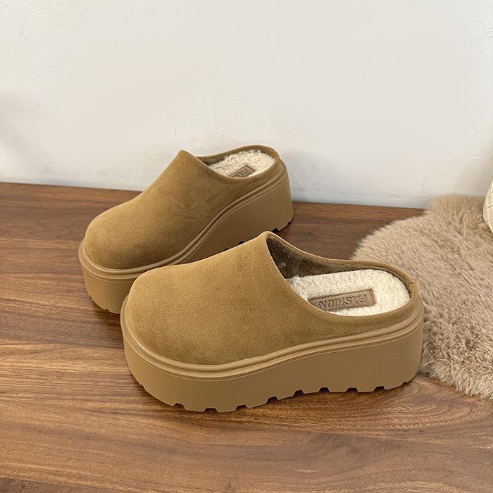 Schwammkuchen Dicksohlen Taschenkopf Fleece Baumwollpantoffeln Damen tragen Retro Weiches Leder Vielseitig im Herbst und Winter, kleine höhenerhöhende flauschige