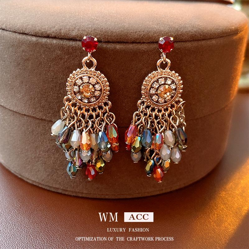 High-End Silver Needle Crystal Tassel Earrings: Diamond Inlaid Floral Retro Ethnic Style