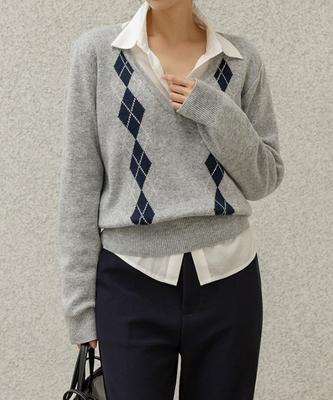 FRENCHCHIC Uadi Argyle Deep V-Neck Knit_F6F686Kn