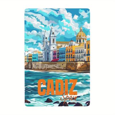 1pc Handcrafted Vintage Industrial Metal Wall Art - Cadiz Spain Coastal Cityscape Tin Painting 20.32x30.48 Cm, Rustic Iron Sheet