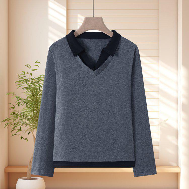 Women's 2025 Slimming Long-Sleeve T-Shirt with Lapel - Versatile Spring/Autumn Top