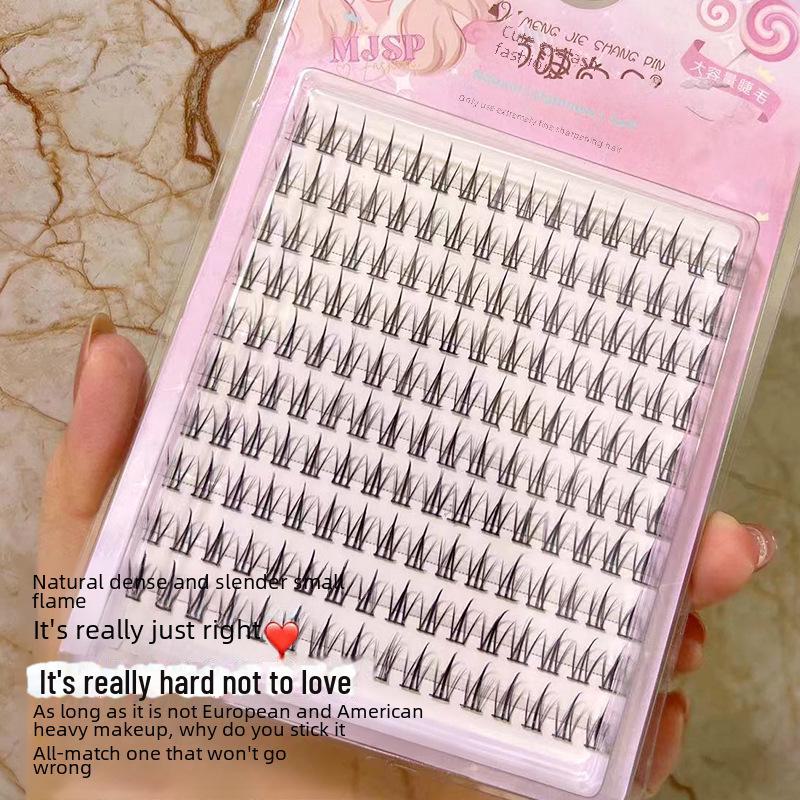 Mengji Shangpin Mini Flame Lash Extensions - Black Stem, 10 Rows, Natural Curling, Segmented Comic Style
