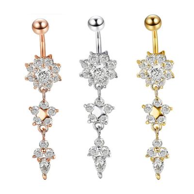 Bayan Rhinestone Çiçek Paslanmaz Çelik Göbek Deliği Göbek Halkası Piercing Takı