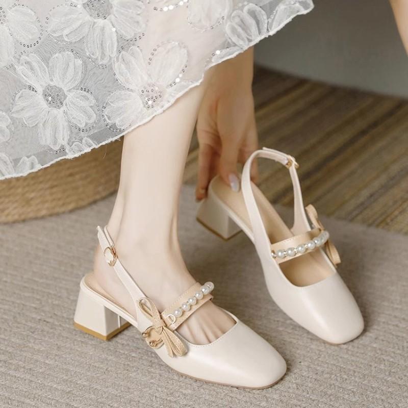 Back empty single shoes thick middle heel summer new bag head sandals Mary Jane shoes women