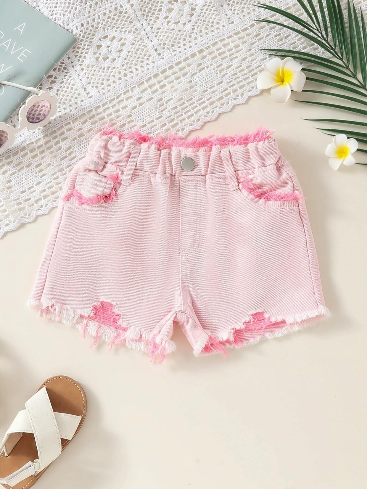 

Летний комплект для девочек: топ без рукавов с оборками и джинсовые шорты 90 розовый