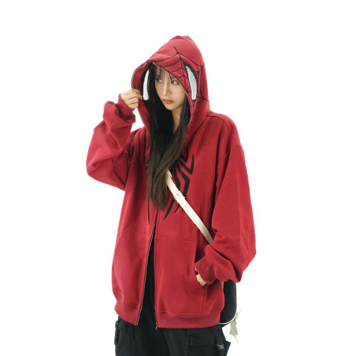 Women Men American Retro Spider Hooded Sweater Zipper Cardigan Loose Jacket