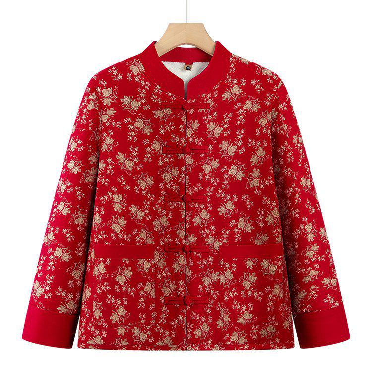 Chinese Style Velvet Cotton Jacket for Middle-Aged and Elderly Women - Retro Autumn/Winter Warm Outerwear