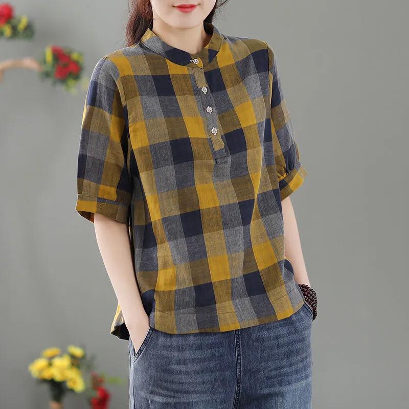 Tops Women Cotton Summer Large Size T-shirt Loose Vintage Plaid Casual Top Casual Pullover T-shirt Top
