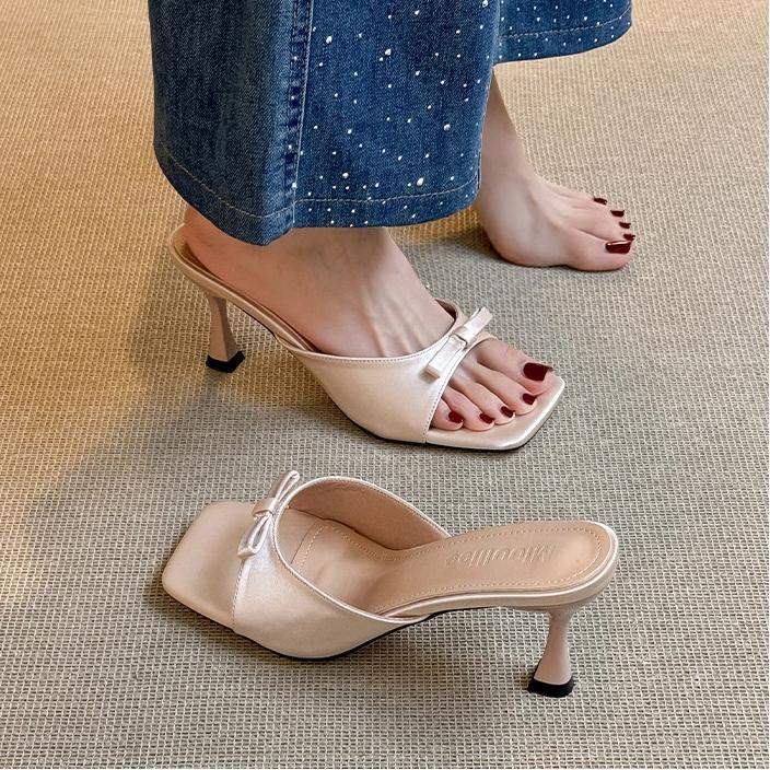 Square Toe 6cm/8cm High-heeled Sandals, Straight Drag Bow Sandals For Women