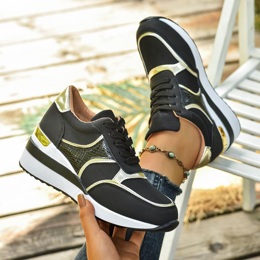 Women's Wide Width Platform Sneakers, Lace-Up Wedge Sole Casual Shoes, European Style Athletic Shoes Wholesale in Stock