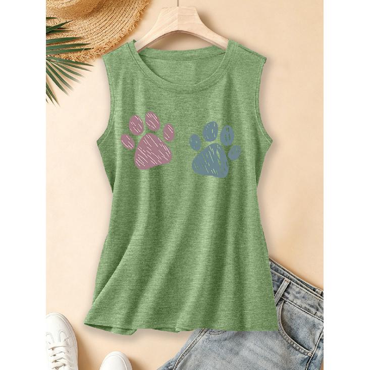 2026 Vintage Two Tone Hand Painted Paw Print Women Sleeveless Vest Round Neck Daily Commute Spring Summer Autumn Tank Top