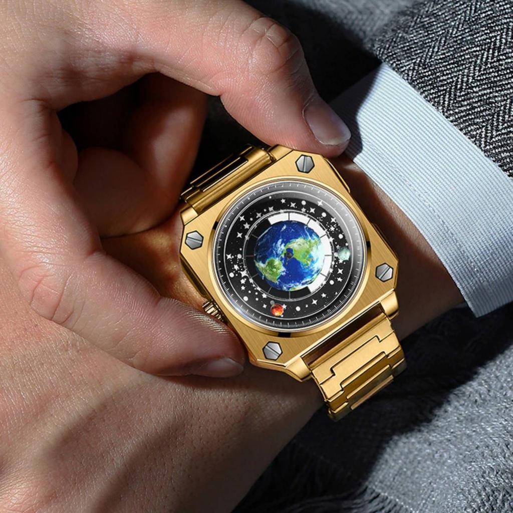 Concept Wandering Earth Pattern Watch Herren-Armbanduhr, quadratisch, blauer Planet, drehbar, Edelstahl, wasserdicht, Quarzuhrwerk