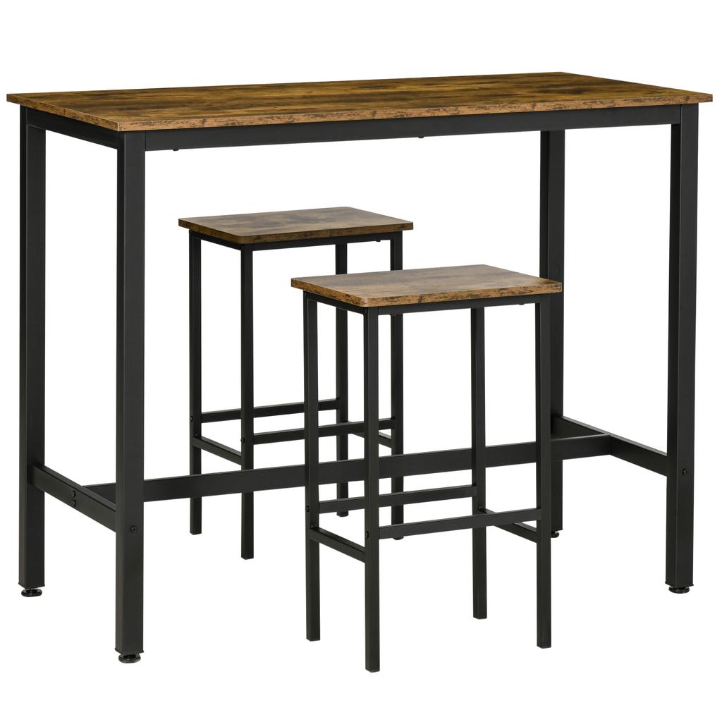 120x60cm Bar Table Set, Breakfast Table with 2 Stools, 3-Piece Counter Height Dining Table & Chairs for Kitchen, Living Room, Rustic Brown