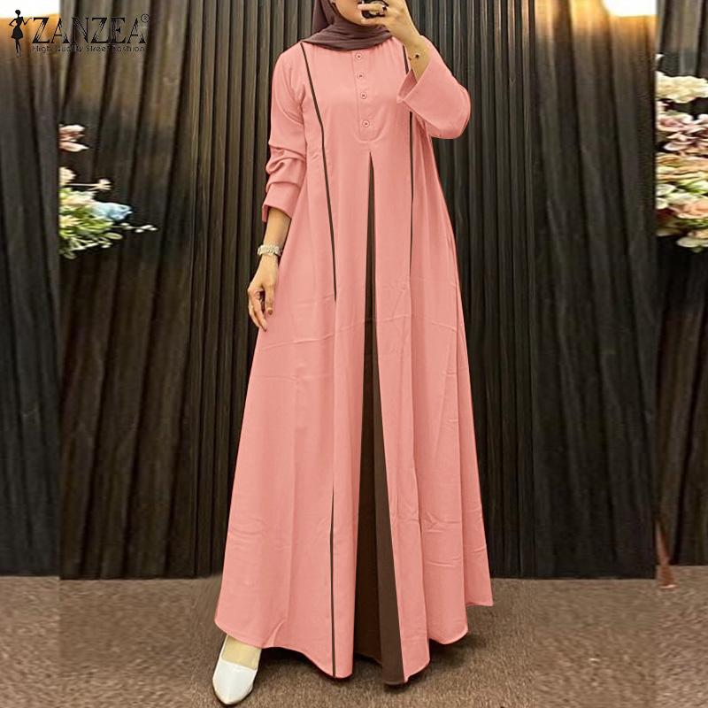 ZANZEA Damen Lässig O-Ausschnitt Locker Langarm Patchwork Langes Kleid