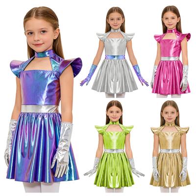 Kids Girls Alien Cosplay Costume Hollow Out Flying Sleeve Metallic A Line Dress with Gloves for Halloween Robot Outerspace Party