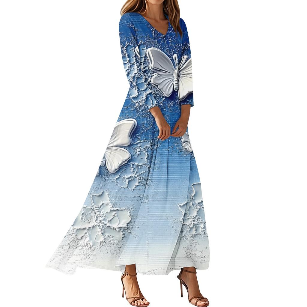 Women's Casual 3/4 Sleeve V-Neck Floral Print Maxi A-Line Beach Dress