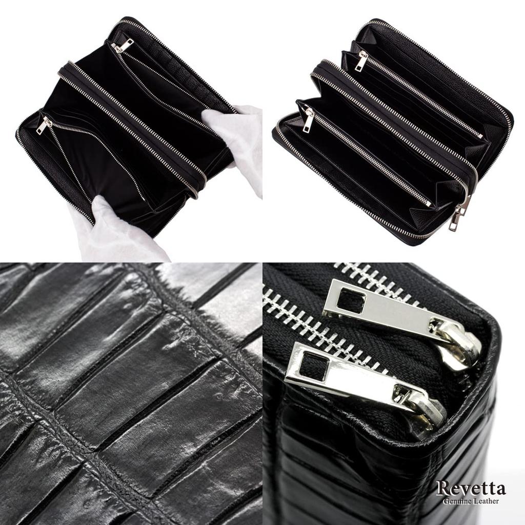 [Revetta] Crocodile Leather Long Wallet for Men, Genuine Leather, Black, Large Capacity, 40 Card Slots, Double Round Zipper, Silver, Single Piece Leat