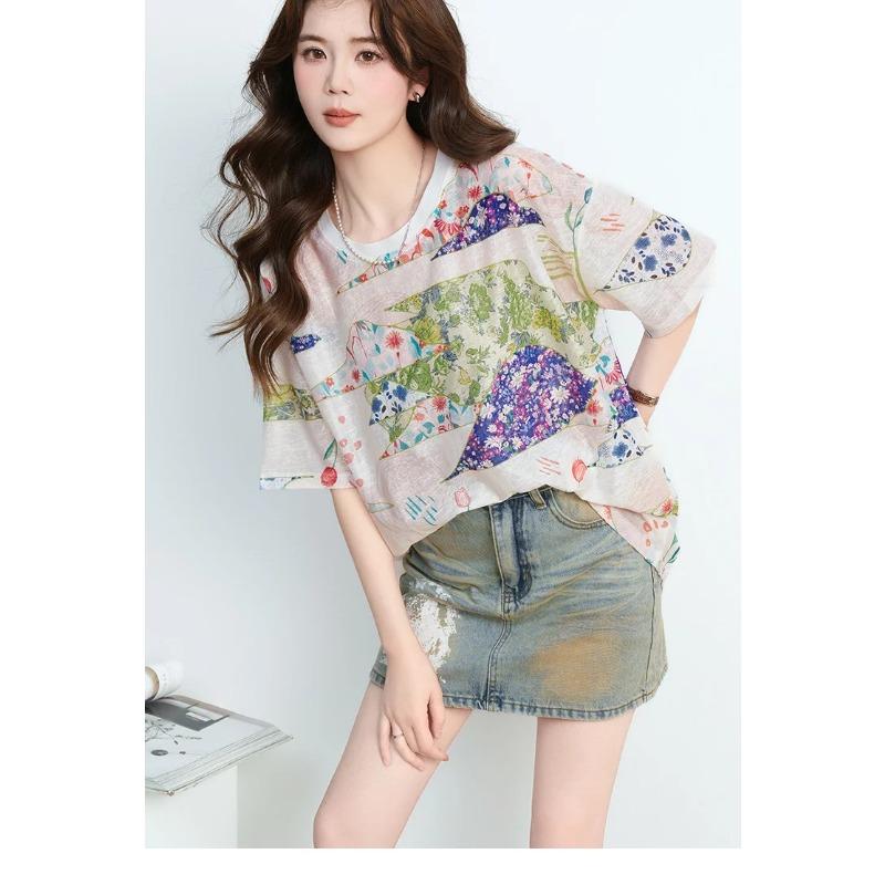 DIMANAF 2026 Plus Size Summer Beach Women T-Shirts Casual Lady Tops Tees Shirt Oversize Loose Floral Print Tunic Knitted