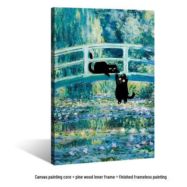 Water Lily & Starry Night Abstract Cat Art: Colorful Wall Hanging for Bedroom & Living Room