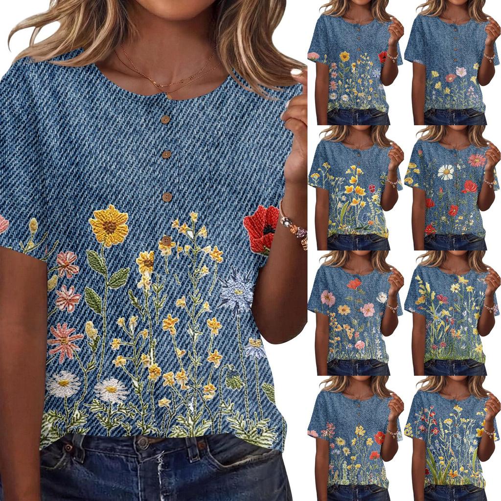 Women's Vintage Floral Print Short Sleeve Shirt Button Front Henley Neck Cotton Linen Blend Casual Top
