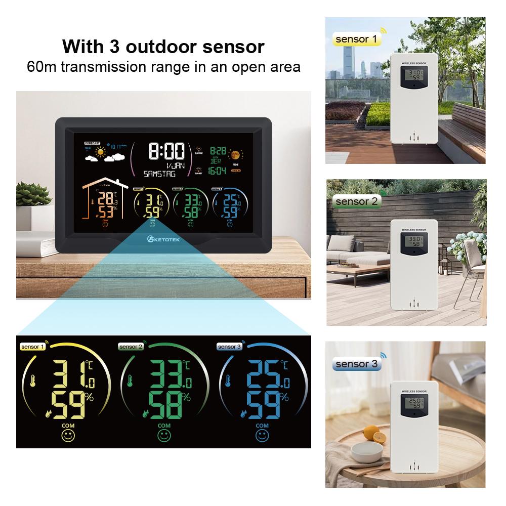 Weather Station Wireless Digital Indoor Outdoor Forecast Hygrometer Humidity Temperature Meter With 3 Sensors