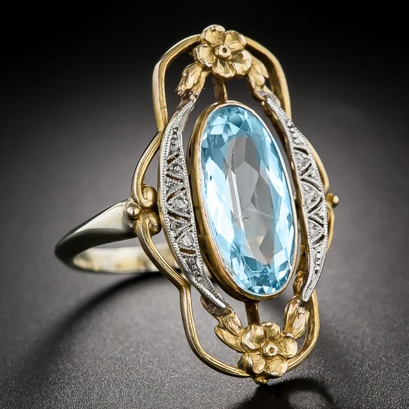 Vintage zweifarbige Blumen-Design-Fingerringe für Frauen, eingelegter himmelblauer Stein, ästhetischer Schmuck, Party-Ring, Überraschungsgeschenk
